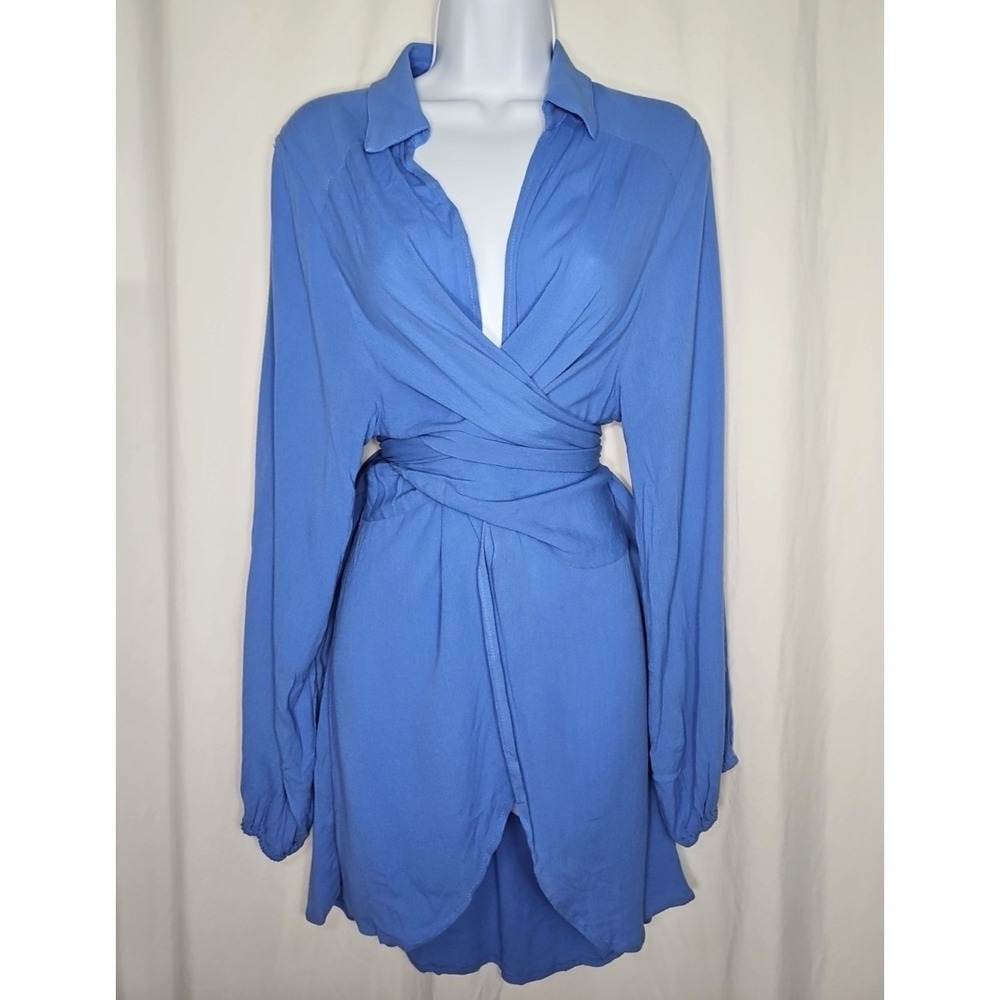 Aemi + Co Women's Blue Long Sleeve Wrap Front Tie Blouse Size Large NWT